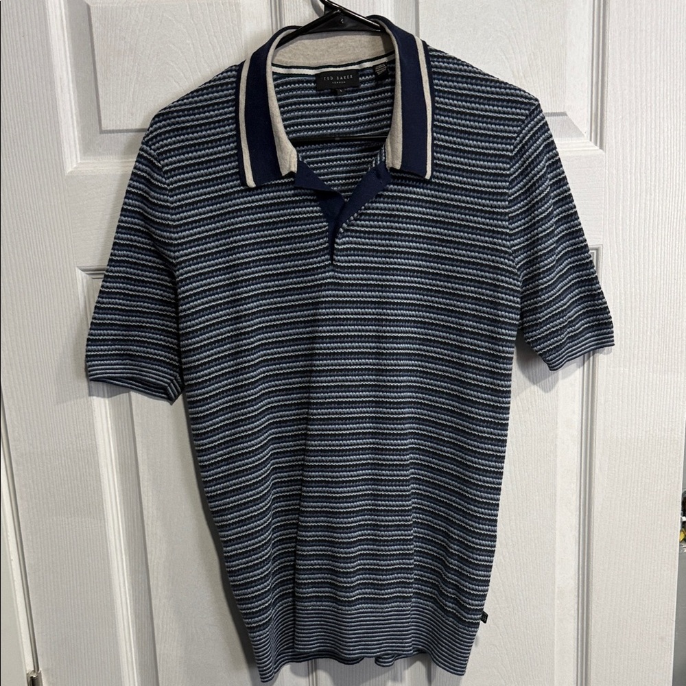 Ted Baker London Navy and White Striped Knit Polo Shirt